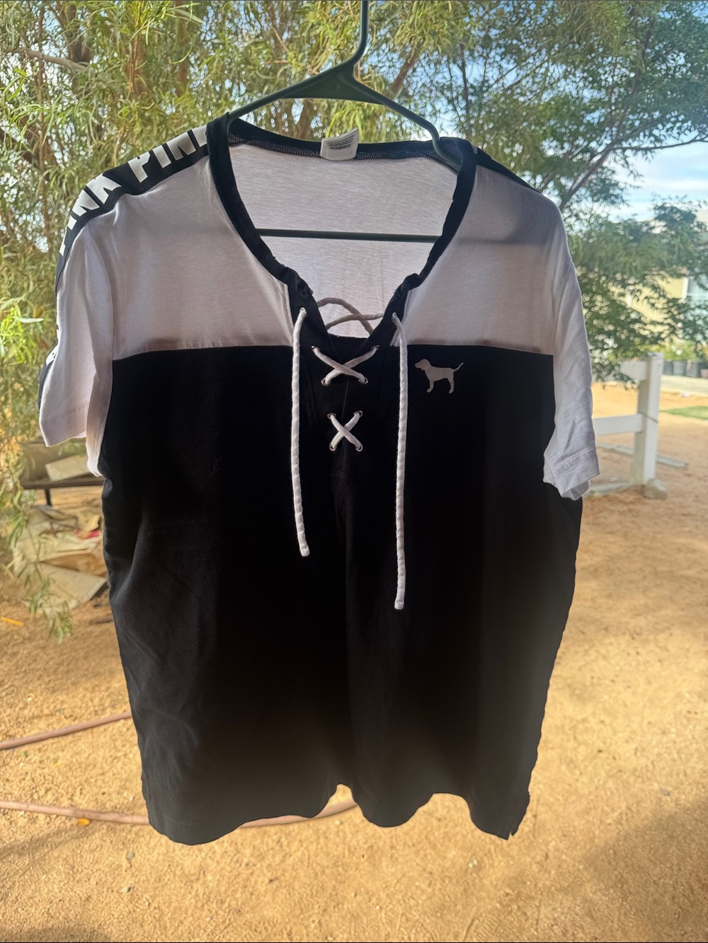 PINK Victoria's Secret Black and White Lace-Up Short Sleeve Top